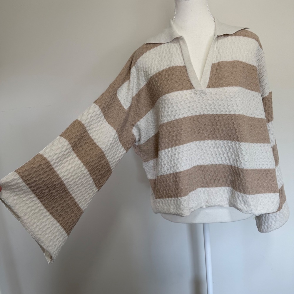 Princess Polly Striped Polo Knit Sweater Womens 6 Tan Cream Bell Sleeve Boho